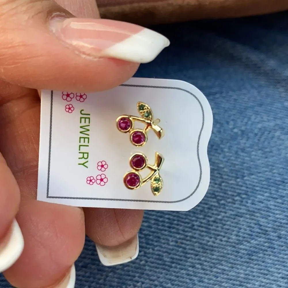 14k gold plated Cherry Enamel CZ Earrings